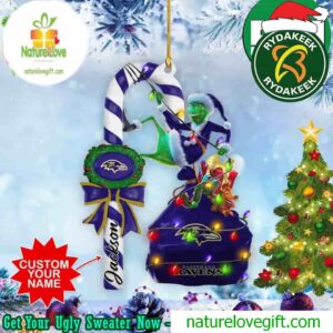 Baltimore Ravens NFL x Grinch Christmas Gift Tree Decorations Custom Name Candy Cane Ornament