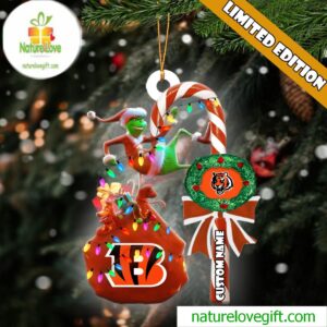Cincinnati Bengals NFL Custom Grinch Candy Cane Name Ornament 2025 Xmas Tree Gift