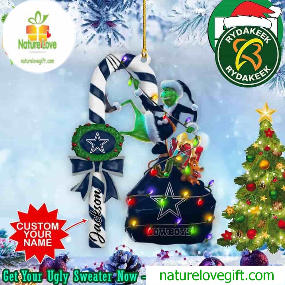 Dallas Cowboys NFL x Grinch Custom Name Candy Cane Tree Decorations Two Sides Ornament Dallas Cowboys NFL x Grinch Custom Name Candy Cane Tree Decorations Two Sides Ornament