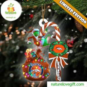 Denver Broncos NFL Custom Grinch Candy Cane Name Ornament 2025 Xmas Tree Gift
