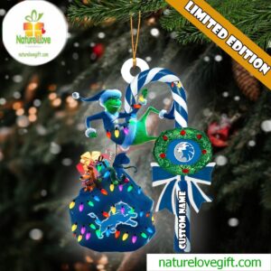 Detroit Lions NFL Custom Grinch Candy Cane Name Ornament 2025 Xmas Tree Gift