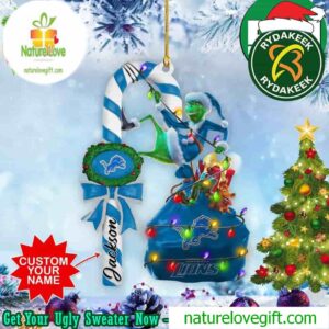 Detroit Lions NFL x Grinch Custom Name Candy Cane Christmas Tree Decorations Ornament