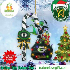 Green Bay Packers NFL x Grinch Candy Cane Custom Name Christmas Tree Decorations Ornament
