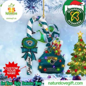 Jacksonville Jaguars NFL x Grinch Custom Name Candy Cane Christmas Tree Decorations Ornament