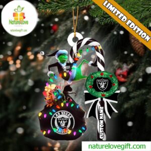 Las Vegas Raiders NFL Custom Grinch Candy Cane Name Ornament 2025 Xmas Tree Gift
