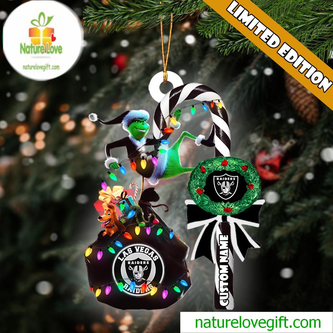 Las Vegas Raiders NFL Custom Grinch Candy Cane Name Ornament 2025 Xmas Tree Gift Las Vegas Raiders NFL Custom Grinch Candy Cane Name Ornament 2025 Xmas Tree Gift