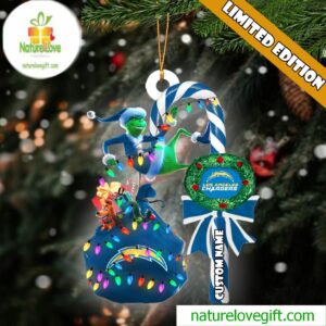 Los Angeles Chargers NFL Custom Grinch Candy Cane Name Ornament 2025 Xmas Tree Gift