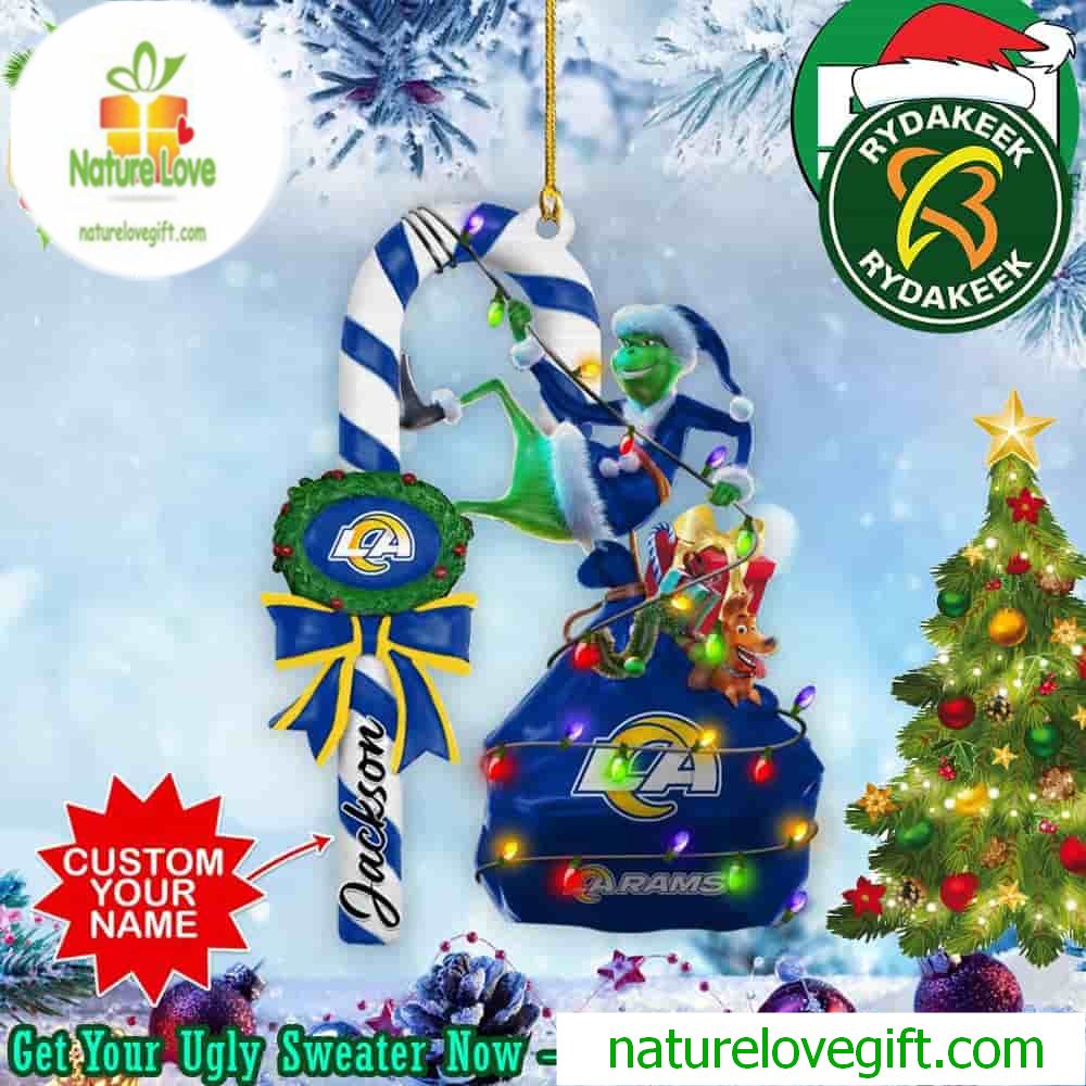 Los Angeles Rams NFL Custom Name x Grinch Christmas Gift Tree Decorations Two Sides Ornament Los Angeles Rams NFL Custom Name x Grinch Christmas Gift Tree Decorations Two Sides Ornament
