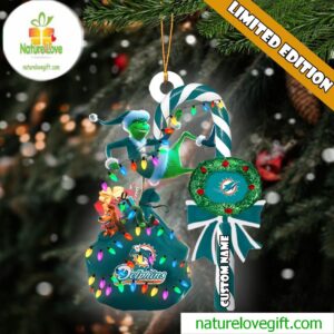 Miami Dolphins NFL Custom Grinch Candy Cane Name Ornament 2025 Xmas Tree Gift
