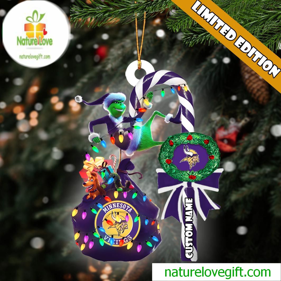 Minnesota Vikings NFL Custom Grinch Candy Cane Name Ornament 2025 Xmas Tree Gift Minnesota Vikings NFL Custom Grinch Candy Cane Name Ornament 2025 Xmas Tree Gift