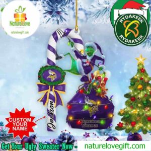 Minnesota Vikings NFL Custom Name x Grinch Candy Cane Tree Decorations Two Sides Ornament