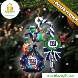 New York Giants NFL Custom Grinch Candy Cane Name Ornament 2025 Xmas Tree Gift