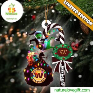 Washington Commanders NFL Custom Grinch Candy Cane Name Ornament 2025 Xmas Tree Gift