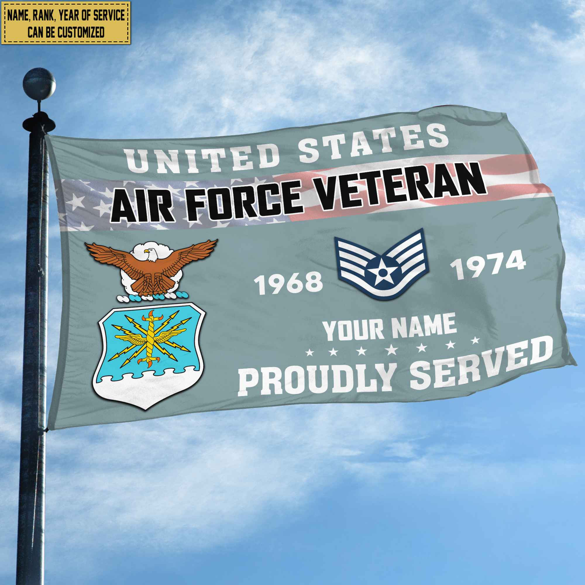 Premium USAF Grommet Flag VPVC105504, Custom Name, Rank, Year, Gifts For Air Force Veteran, Best Gifts On Father’s Day, Armed Forces Day, Independence Day, Veterans Day. Premium USAF Grommet Flag VPVC105504, Custom Name, Rank, Year, Gifts For Air Force Veteran, Best Gifts On Father’s Day, Armed Forces Day, Independence Day, Veterans Day.