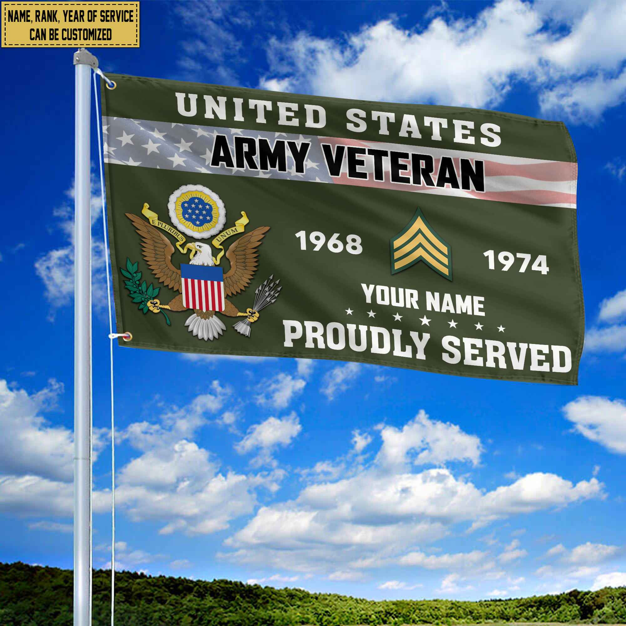 Premium US Army Grommet Flag VPVC105501, Custom Name, Rank, Year, Gifts For Army Veteran, Best Gifts On Father’s Day, Armed Forces Day, Independence Day, Veterans Day. Premium US Army Grommet Flag VPVC105501, Custom Name, Rank, Year, Gifts For Army Veteran, Best Gifts On Father’s Day, Armed Forces Day, Independence Day, Veterans Day.
