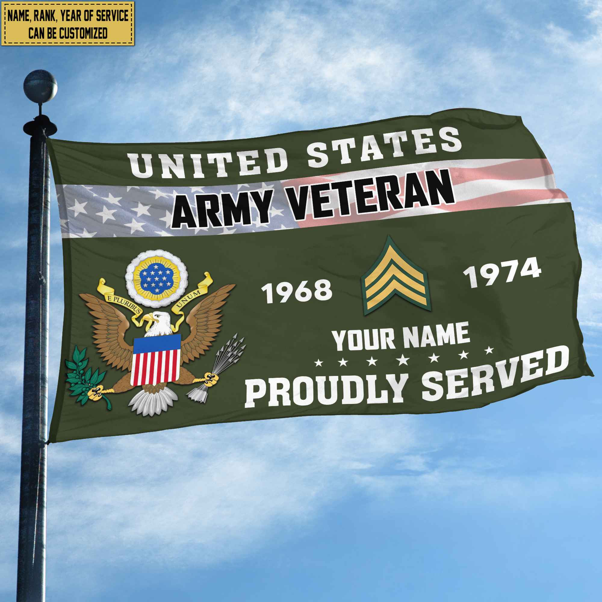 Premium US Army Grommet Flag VPVC105501, Custom Name, Rank, Year, Gifts For Army Veteran, Best Gifts On Father’s Day, Armed Forces Day, Independence Day, Veterans Day. Premium US Army Grommet Flag VPVC105501, Custom Name, Rank, Year, Gifts For Army Veteran, Best Gifts On Father’s Day, Armed Forces Day, Independence Day, Veterans Day.