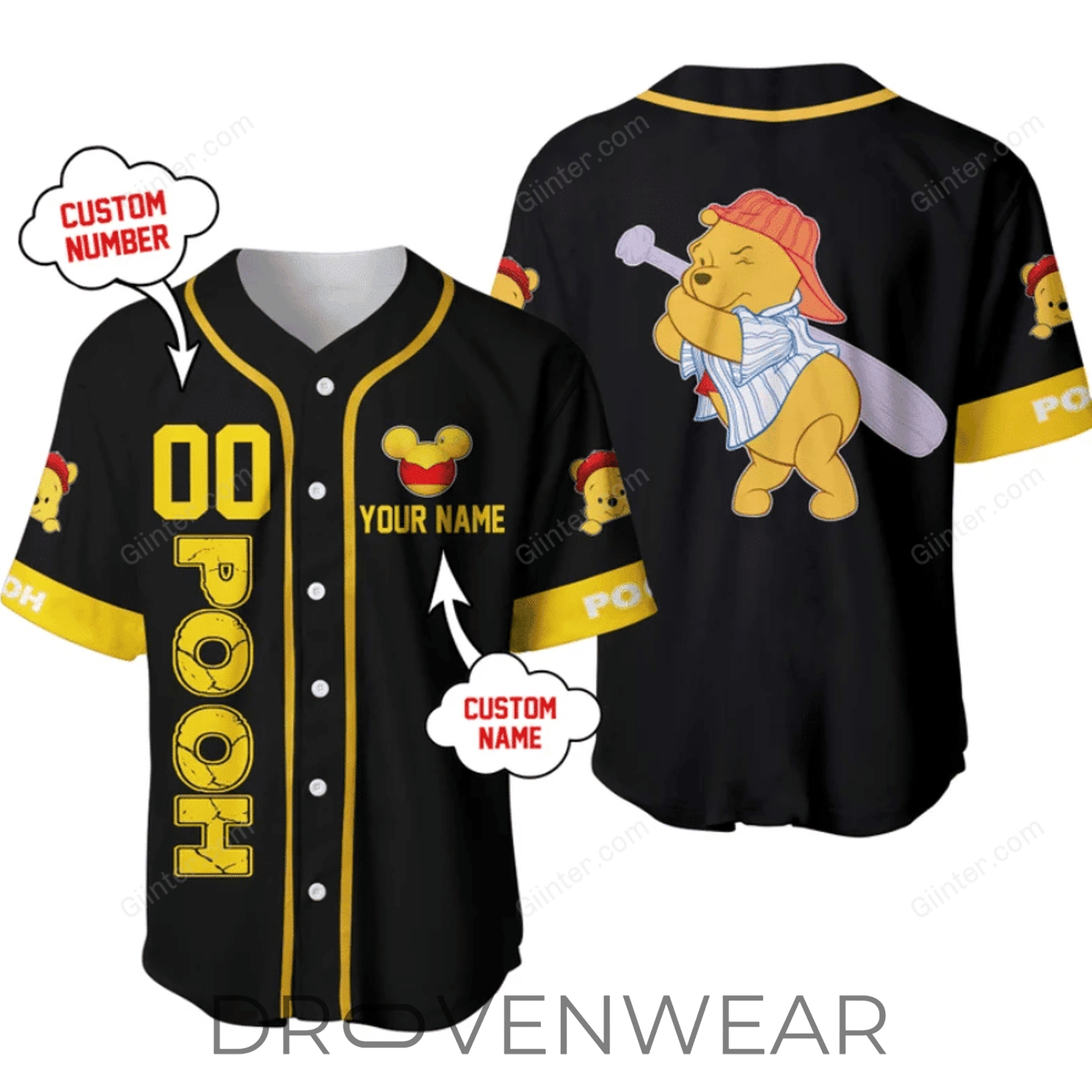 Winnie the Pooh Baseball Jersey Personalized Name Edition Winnie the Pooh Baseball Jersey Personalized Name Edition