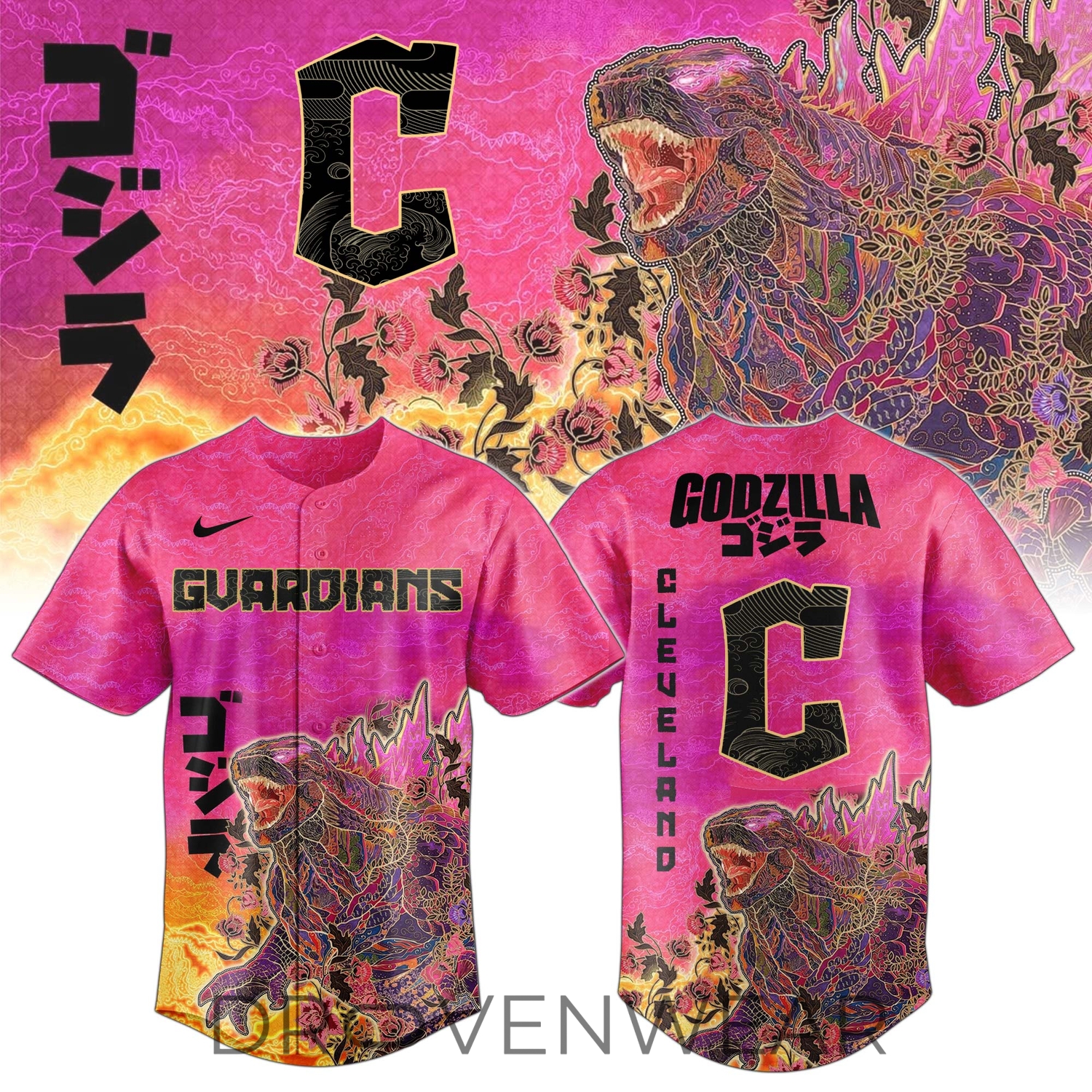 Cleveland Guardians King of Monsters Batik Style Baseball Jersey Cleveland Guardians King of Monsters Batik Style Baseball Jersey