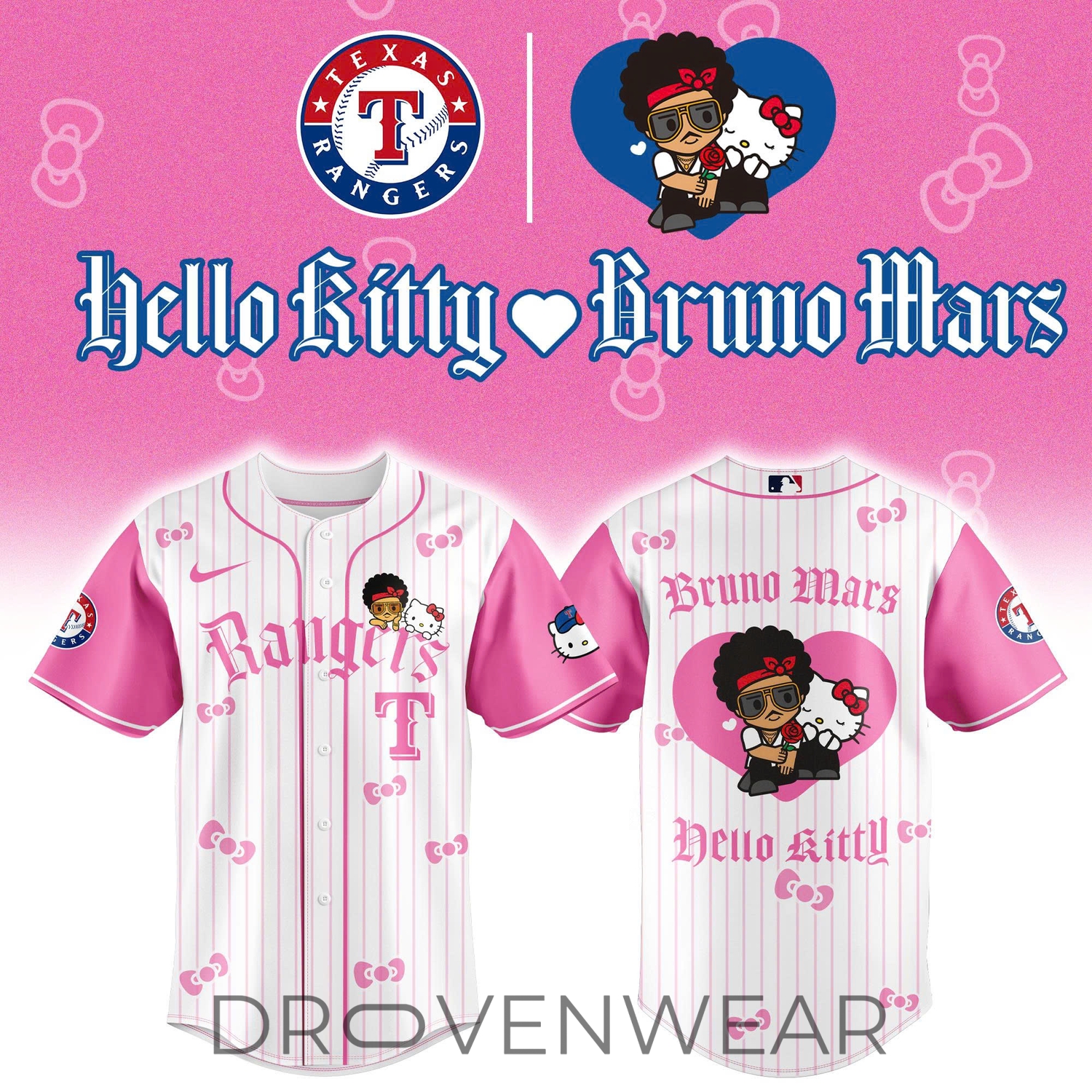 Texas Rangers x BRUNO MARS x HELLO KITTY Pink Jersey | Jogger | Cap Texas Rangers x BRUNO MARS x HELLO KITTY Pink Jersey | Jogger | Cap