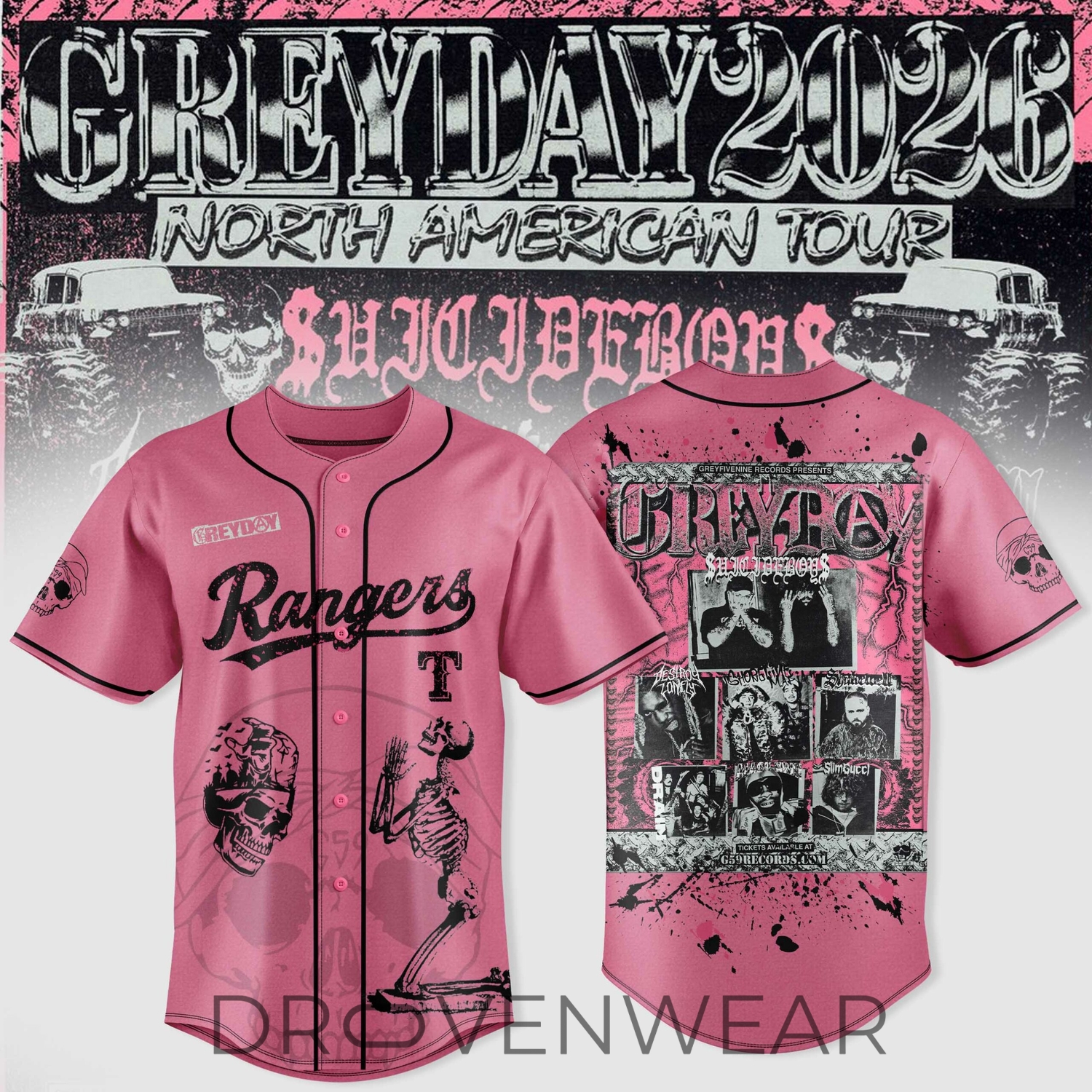 Texas Rangers x $uicideboy$ Greyday 2026 – North American Tour Pink Jersey Texas Rangers x $uicideboy$ Greyday 2026 – North American Tour Pink Jersey