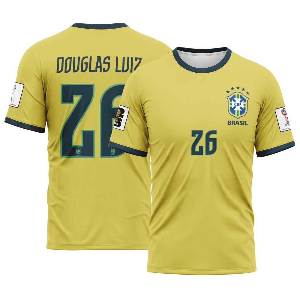 Douglas Luiz 26 2026 World Cup Brazil Home AOP T-Shirt Douglas Luiz 26 2026 World Cup Brazil Home AOP T-Shirt