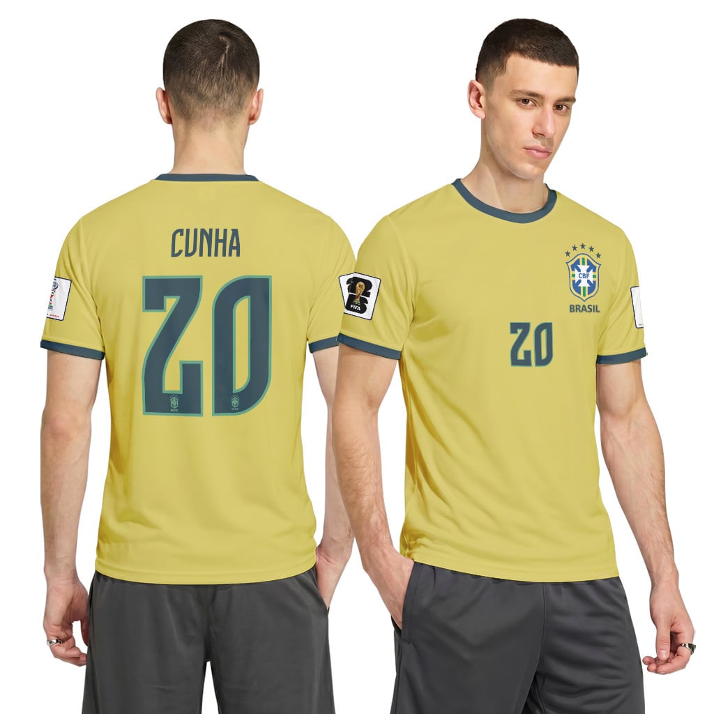 Cunha 20 2026 World Cup Brazil Home AOP T-Shirt Cunha 20 2026 World Cup Brazil Home AOP T-Shirt
