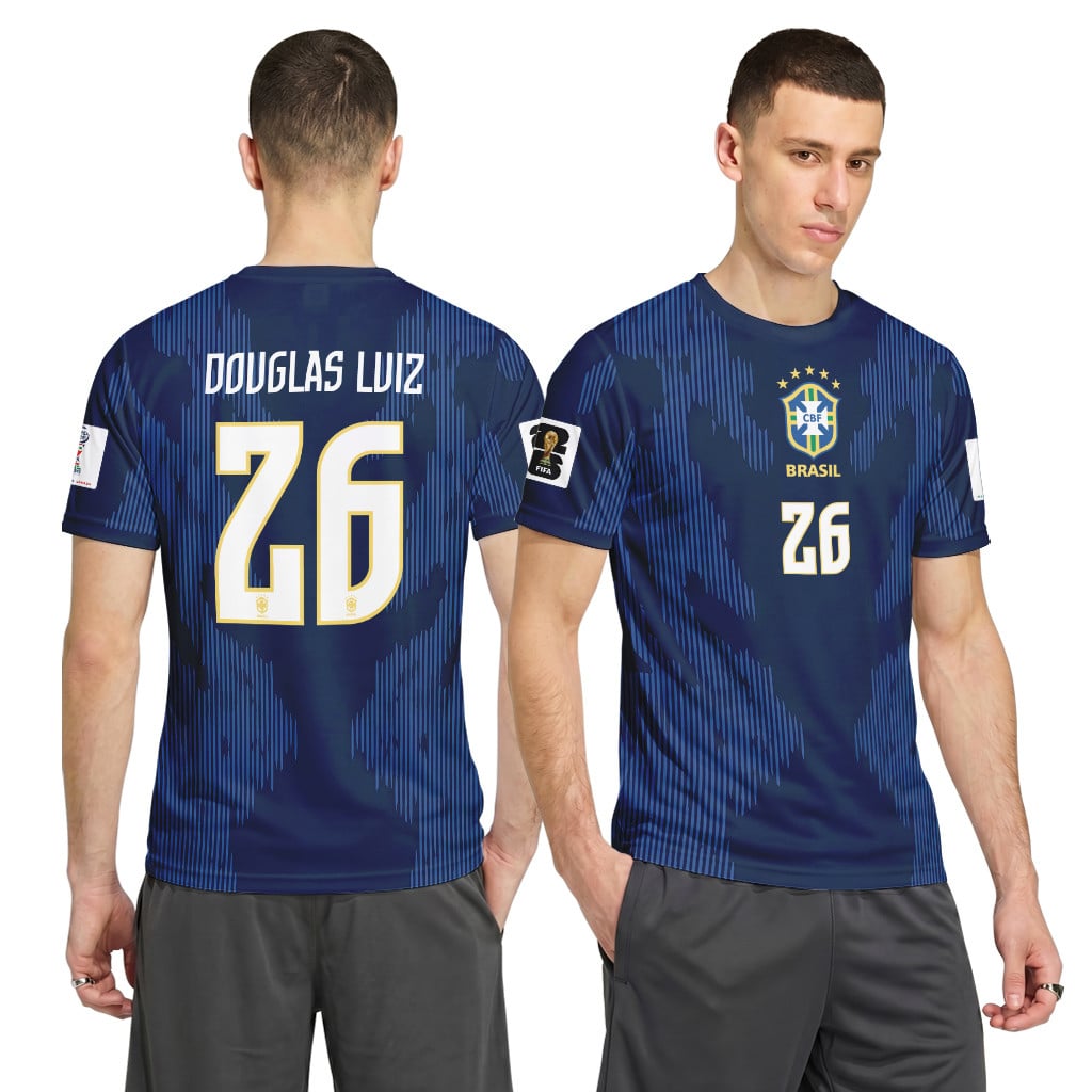 Douglas Luiz 26 AOP T-Shirt 2026 World Cup Brazil Away Douglas Luiz 26 AOP T-Shirt 2026 World Cup Brazil Away