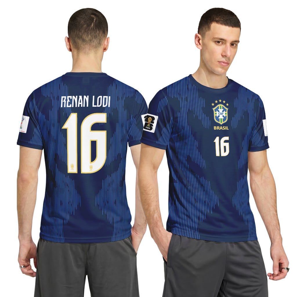Renan Lodi 16 AOP T-Shirt 2026 World Cup Brazil Away Renan Lodi 16 AOP T-Shirt 2026 World Cup Brazil Away