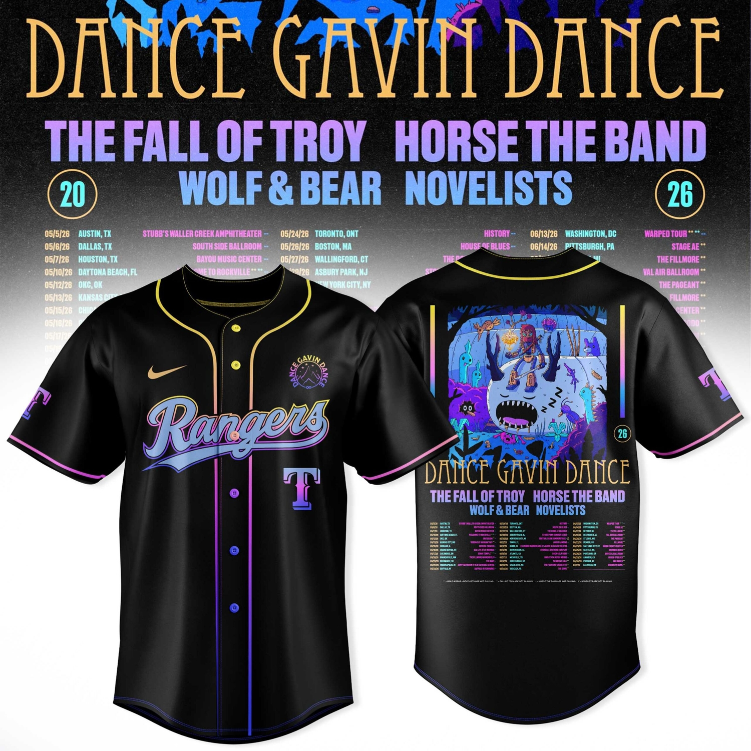 Texas Rangers x Dance Gavin Dance 2026 Tour Baseball Jersey Texas Rangers x Dance Gavin Dance 2026 Tour Baseball Jersey