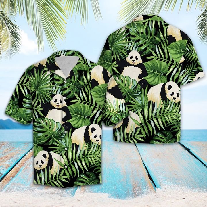 Panda Green Tropical Leaves Hawaiian Shirt Summer Button Up Panda Green Tropical Leaves Hawaiian Shirt Summer Button Up