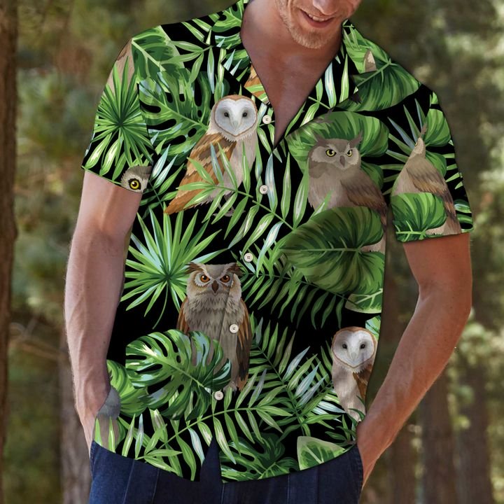 Owl Green Tropical Leaves Hawaiian Shirt Summer Button Up Owl Green Tropical Leaves Hawaiian Shirt Summer Button Up