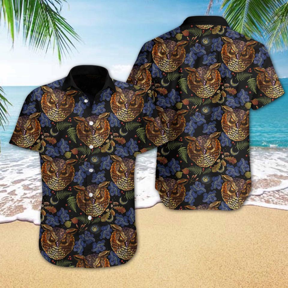 Owl Embroidery Hawaiian Shirt Owl Embroidery Hawaiian Shirt