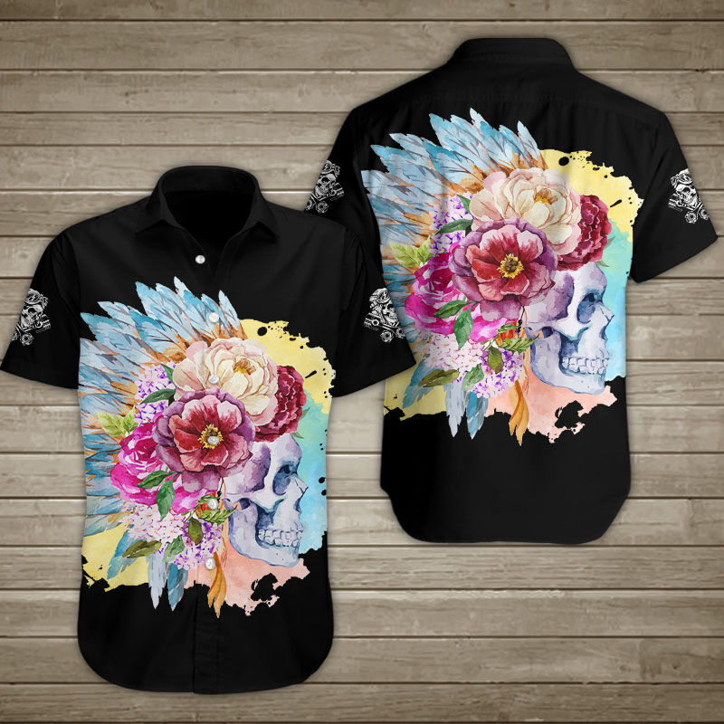Native American Indian Headdress With Flower Skull Hawaiian Shirt Summer Button Up Native American Indian Headdress With Flower Skull Hawaiian Shirt Summer Button Up