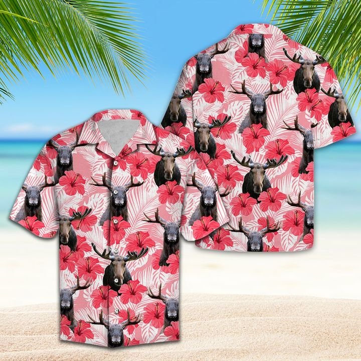 Moose Tropical Flowers Hibiscus Hawaiian Shirt Summer Button Up Moose Tropical Flowers Hibiscus Hawaiian Shirt Summer Button Up