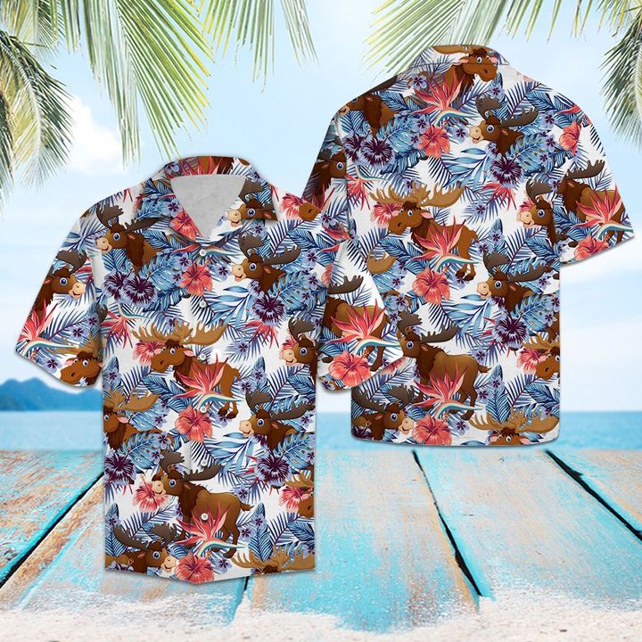 Moose Hibiscus Flower Hawaiian Shirt Summer Button Up Moose Hibiscus Flower Hawaiian Shirt Summer Button Up