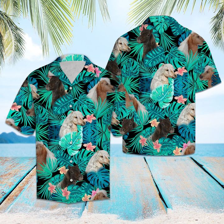 Miniature Horse Green Tropical Hawaiian Shirt Summer Button Up Miniature Horse Green Tropical Hawaiian Shirt Summer Button Up
