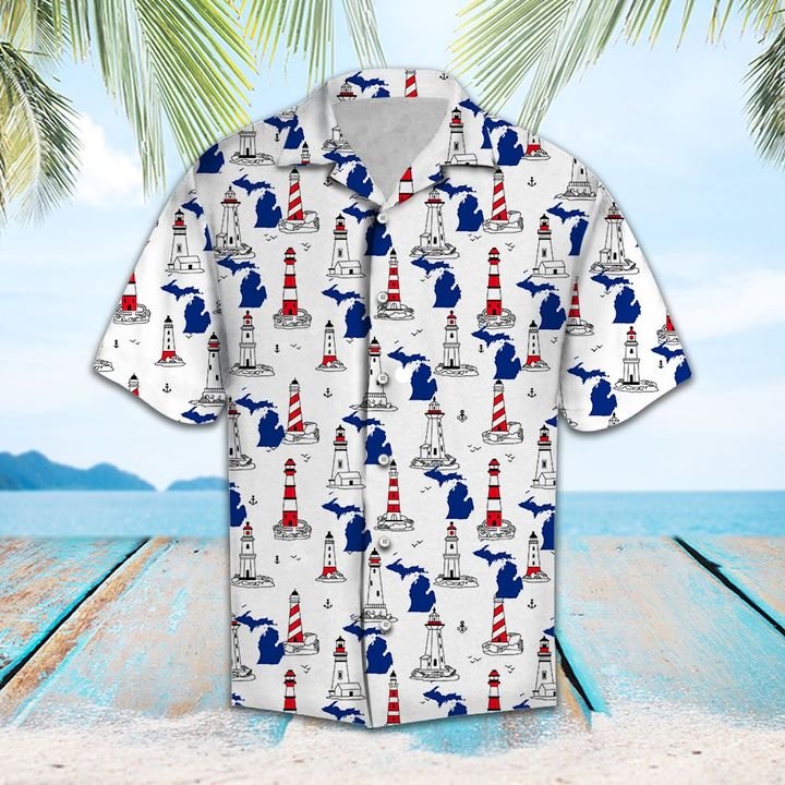 Michigan Lighthouse Hawaiian Shirt Summer Button Up Michigan Lighthouse Hawaiian Shirt Summer Button Up