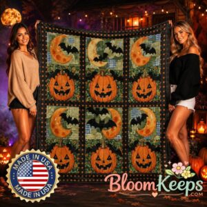 Vintage Halloween Pumpkin x Bat Quilt  Cozy Flannel Throw Blanket with Moon