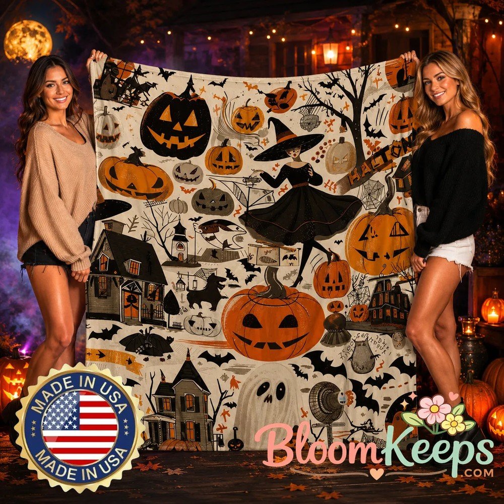 Cozy Vintage Halloween Flannel Blanket Pumpkin Witch Hat x Bat Castle Design Cozy Vintage Halloween Flannel Blanket Pumpkin Witch Hat x Bat Castle Design