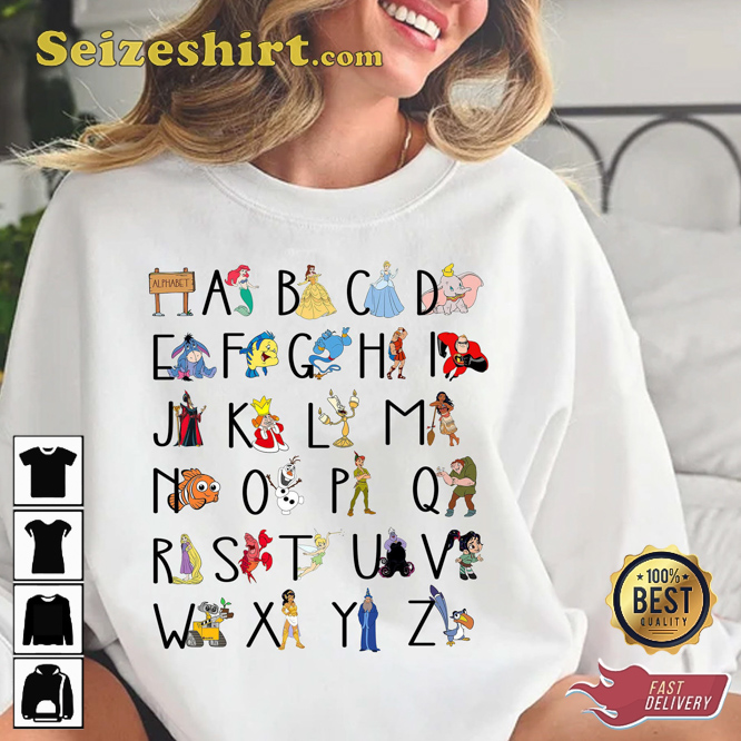 Disney Teacher Alphabet Characters From A To Z Cartoon T-Shirt Disney Teacher Alphabet Characters From A To Z Cartoon T-Shirt