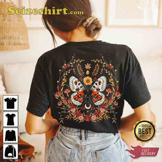 Boho Floral Wreath Butterfly Cotton T-Shirt Boho Floral Wreath Butterfly Cotton T-Shirt