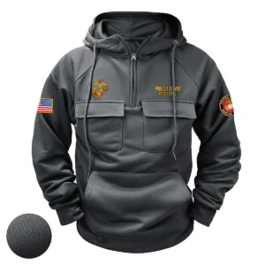 Patriotic Valor Custom U.S. Marine Corps Tactical Quarter Zip Hoodie American Valor Edition for U.S. Marine Corps Veterans Gray