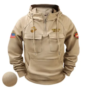 U.S. Marine Corps Tactical Quarter Zip Hoodie American Valor Edition Personalized Patriotic Honor Tribute for U.S. Marine Corps Veterans Khaki