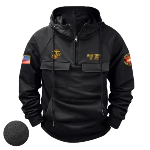 Patriotic Duty Edition Personalized U.S. Marine Corps Tactical Quarter Zip Hoodie American Valor Edition for U.S. Marine Corps Veterans Black