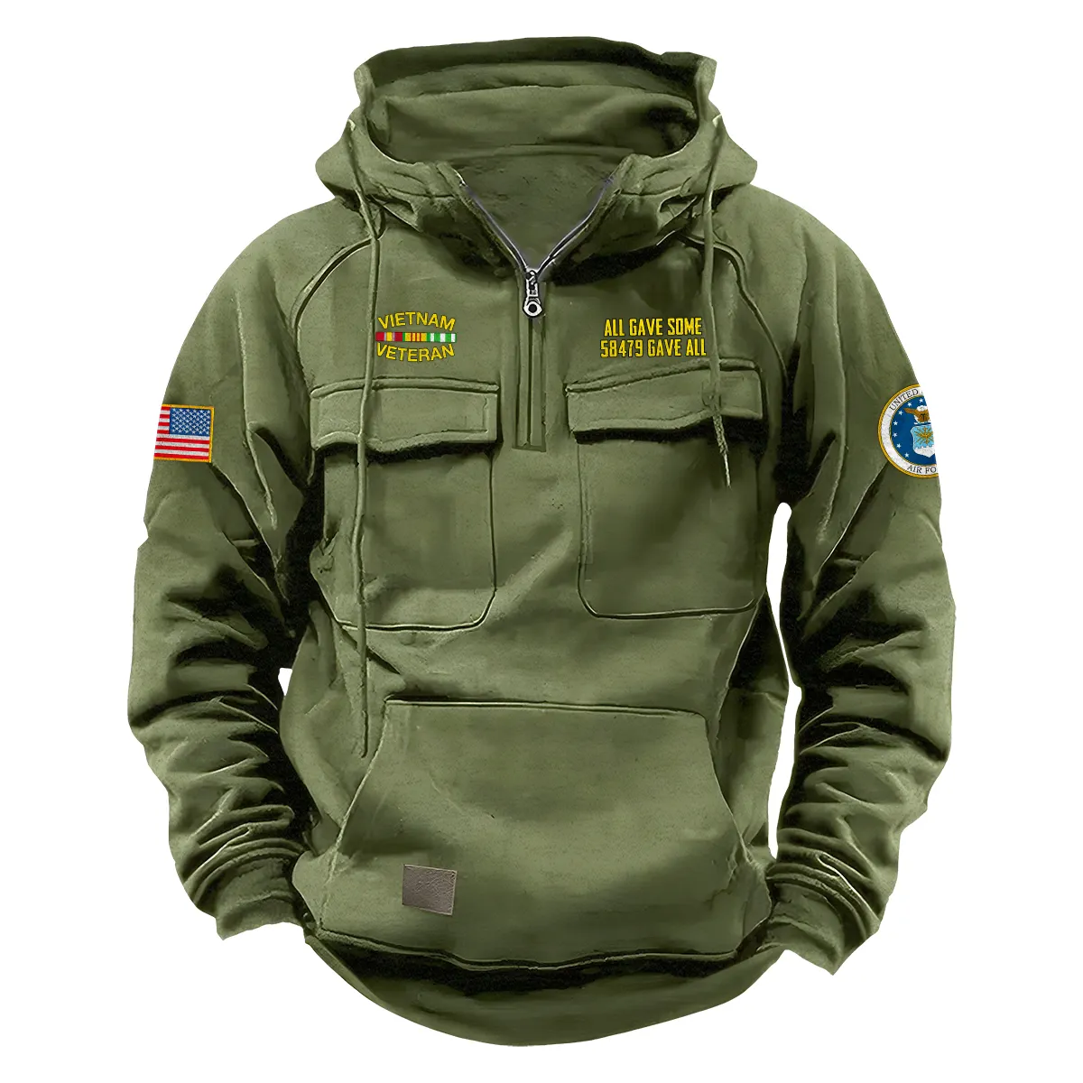 Vietnam Veteran U.S. Air Force Tactical Quarter Zip Hoodie Custom Patriotic Tribute Salute to Vietnam Veterans Army Green Vietnam Veteran U.S. Air Force Tactical Quarter Zip Hoodie Custom Patriotic Tribute Salute to Vietnam Veterans Army Green