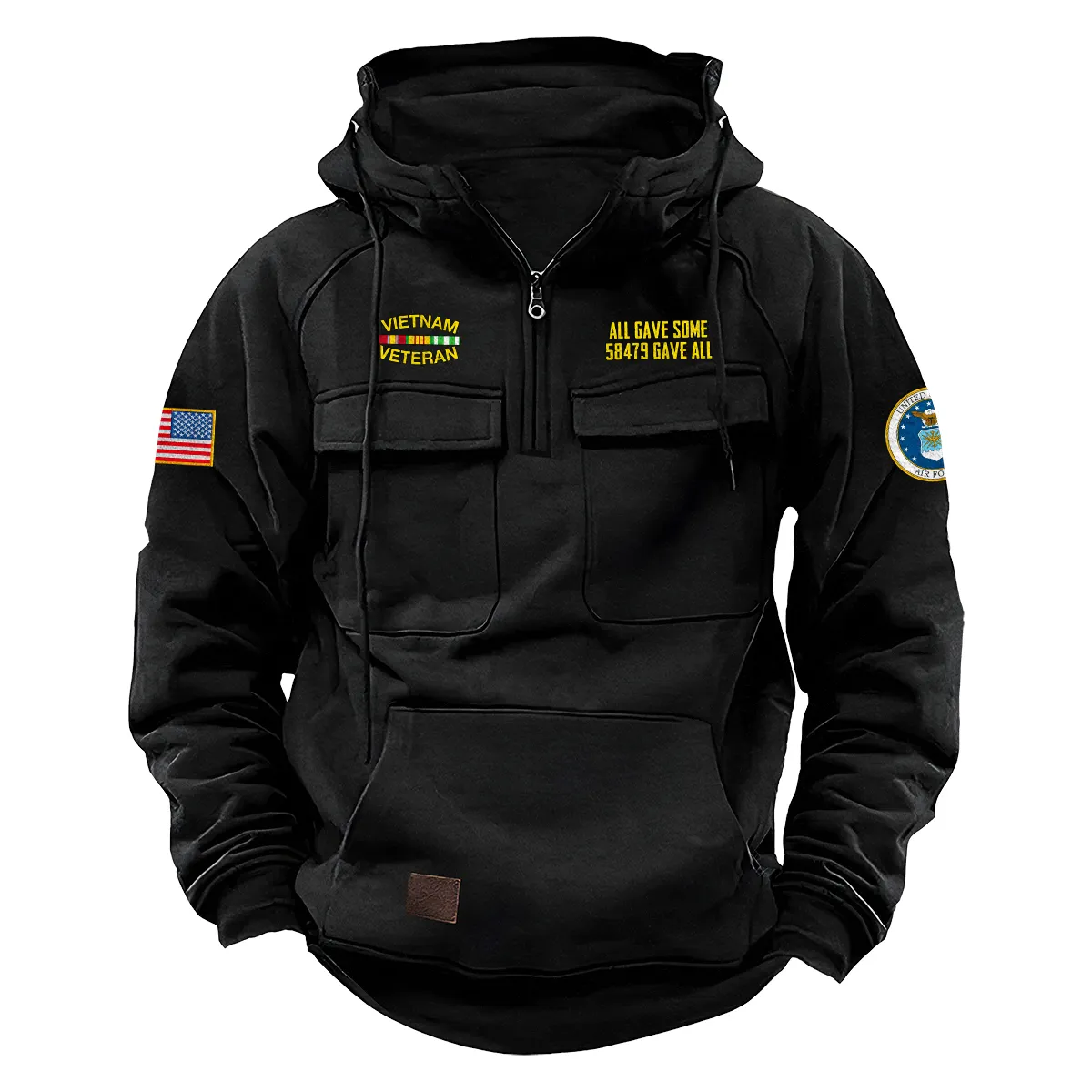 Patriotic Fortitude Custom Vietnam Veteran U.S. Air Force Tactical Quarter Zip Hoodie for Vietnam Veterans Black Patriotic Fortitude Custom Vietnam Veteran U.S. Air Force Tactical Quarter Zip Hoodie for Vietnam Veterans Black