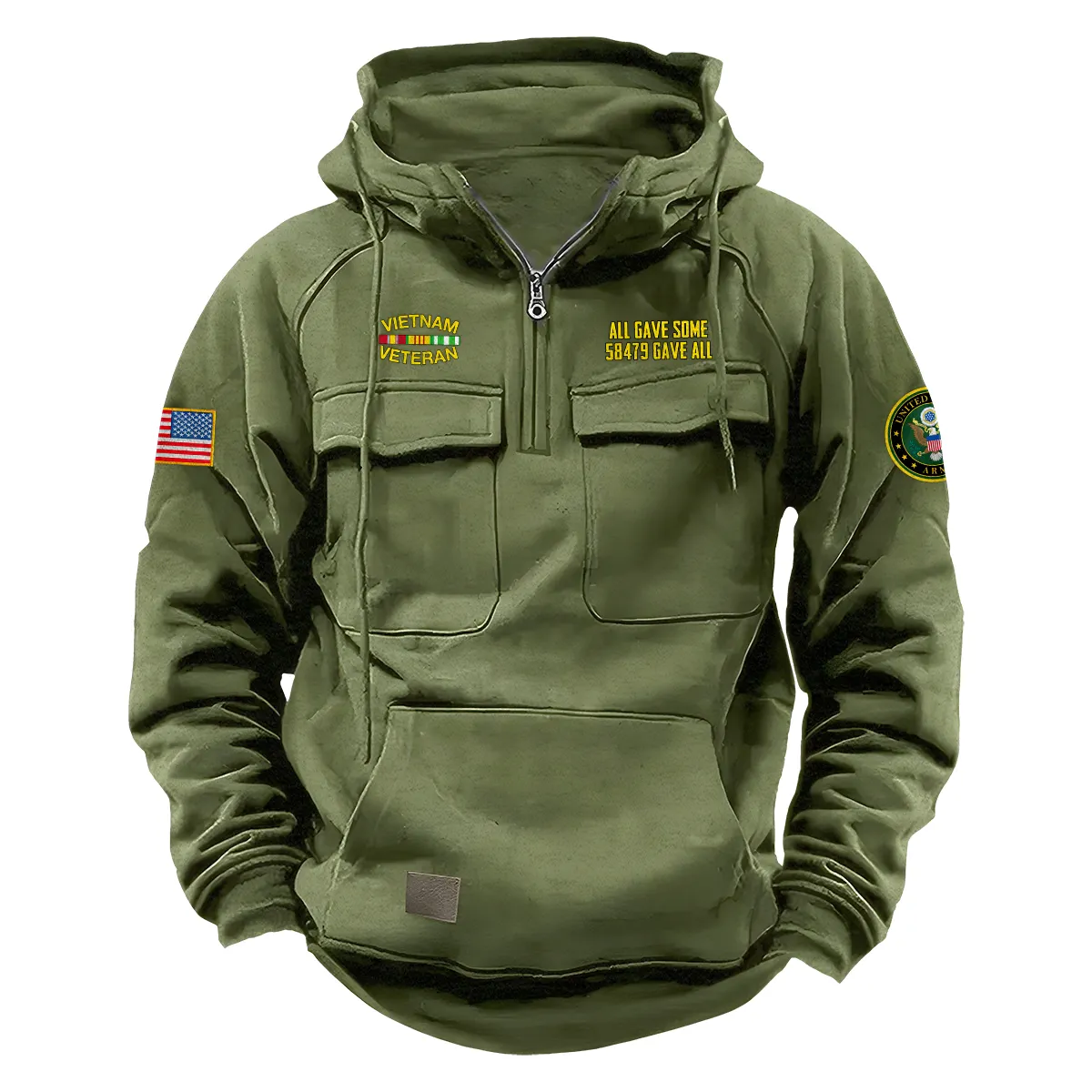Fearless Service Edition Personalized Vietnam Veteran U.S. Army Tactical Quarter Zip Hoodie for Vietnam Veterans Army Green Fearless Service Edition Personalized Vietnam Veteran U.S. Army Tactical Quarter Zip Hoodie for Vietnam Veterans Army Green