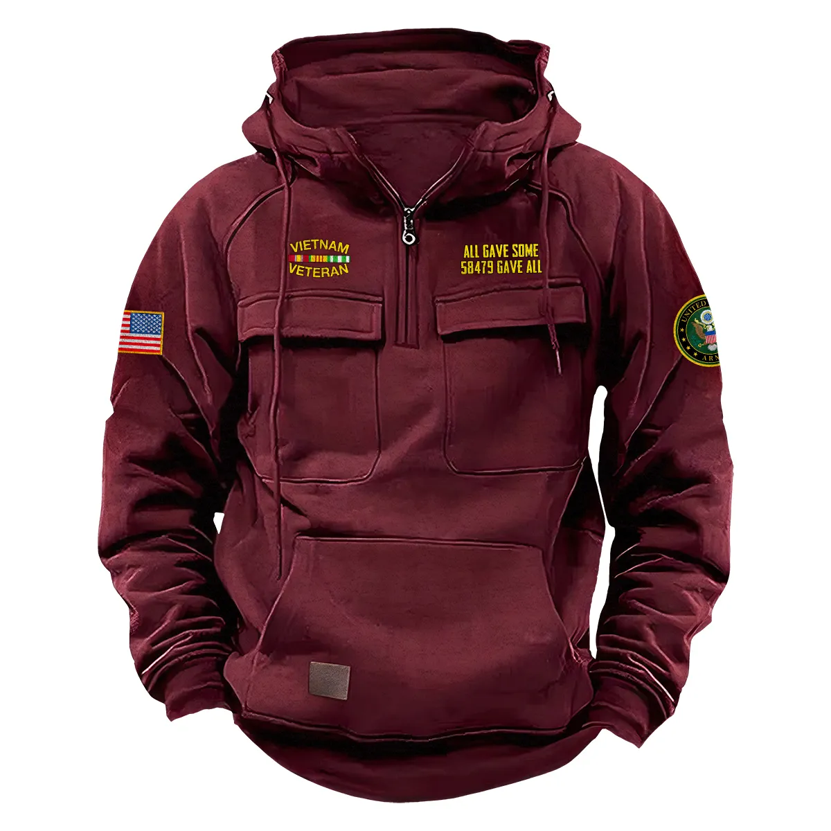 Personalized Vietnam Veteran U.S. Army Tactical Quarter Zip Hoodie Fearless Strength Gift for Vietnam Veterans Wine Red Personalized Vietnam Veteran U.S. Army Tactical Quarter Zip Hoodie Fearless Strength Gift for Vietnam Veterans Wine Red