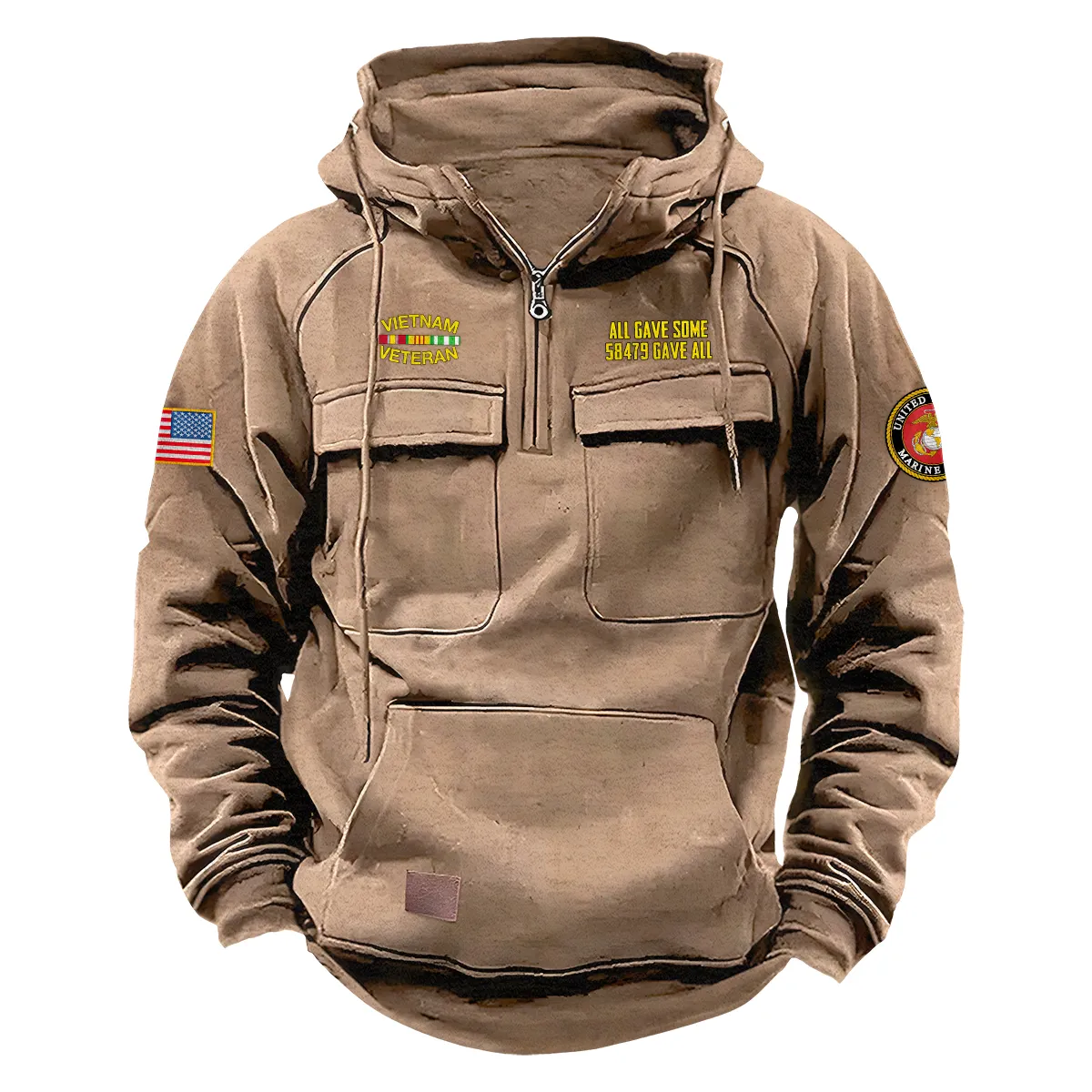 Personalized Vietnam Veteran U.S. Marine Corps Tactical Quarter Zip Hoodie Celebrating Honorable Duty for Vietnam Veterans Khaki Personalized Vietnam Veteran U.S. Marine Corps Tactical Quarter Zip Hoodie Celebrating Honorable Duty for Vietnam Veterans Khaki