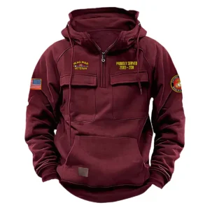 Resolute Fortitude Edition Personalized Iraq War Veteran U.S. Marine Corps Tactical Quarter Zip Hoodie for Iraq War Veterans Wine Red